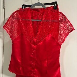 NWT Lingerie Cacique Womens Red Satin Pajamas Sleep Set Size M lace top